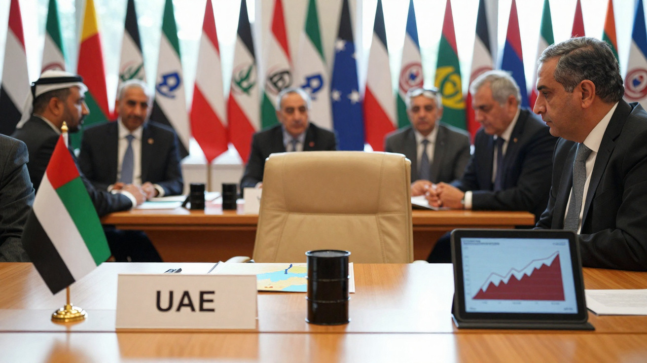 Delegados em reunião internacional com bandeiras de diversos países ao fundo, foco na placa UAE e gráfico em tablet.