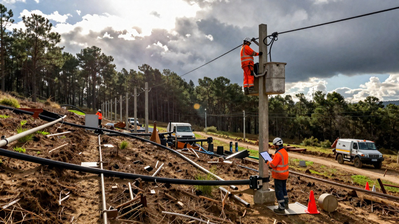 Trabalhadores em área rural instalam e mantêm redes elétricas sob céu nublado.