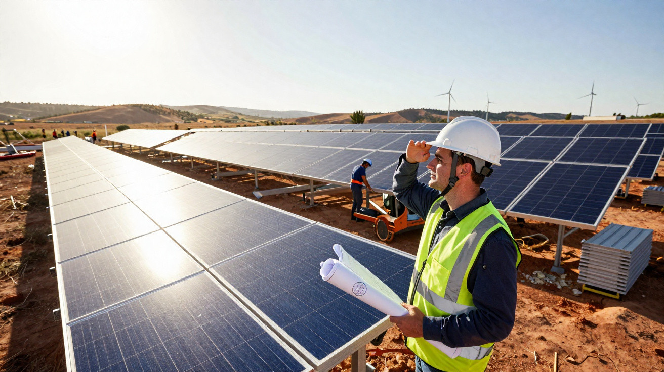 Engenheiro em capacete e colete observa painéis solares em campo aberto com turbinas eólicas ao fundo.
