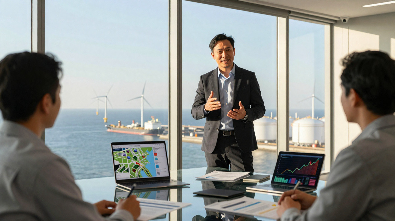 Homem em reunião empresarial apresentando dados para duas pessoas com vista para o mar e turbinas eólicas.
