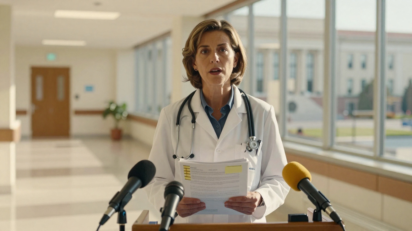 Médica com jaleco e estetoscópio fazendo pronunciamento em corredor de hospital, com microfones à frente.