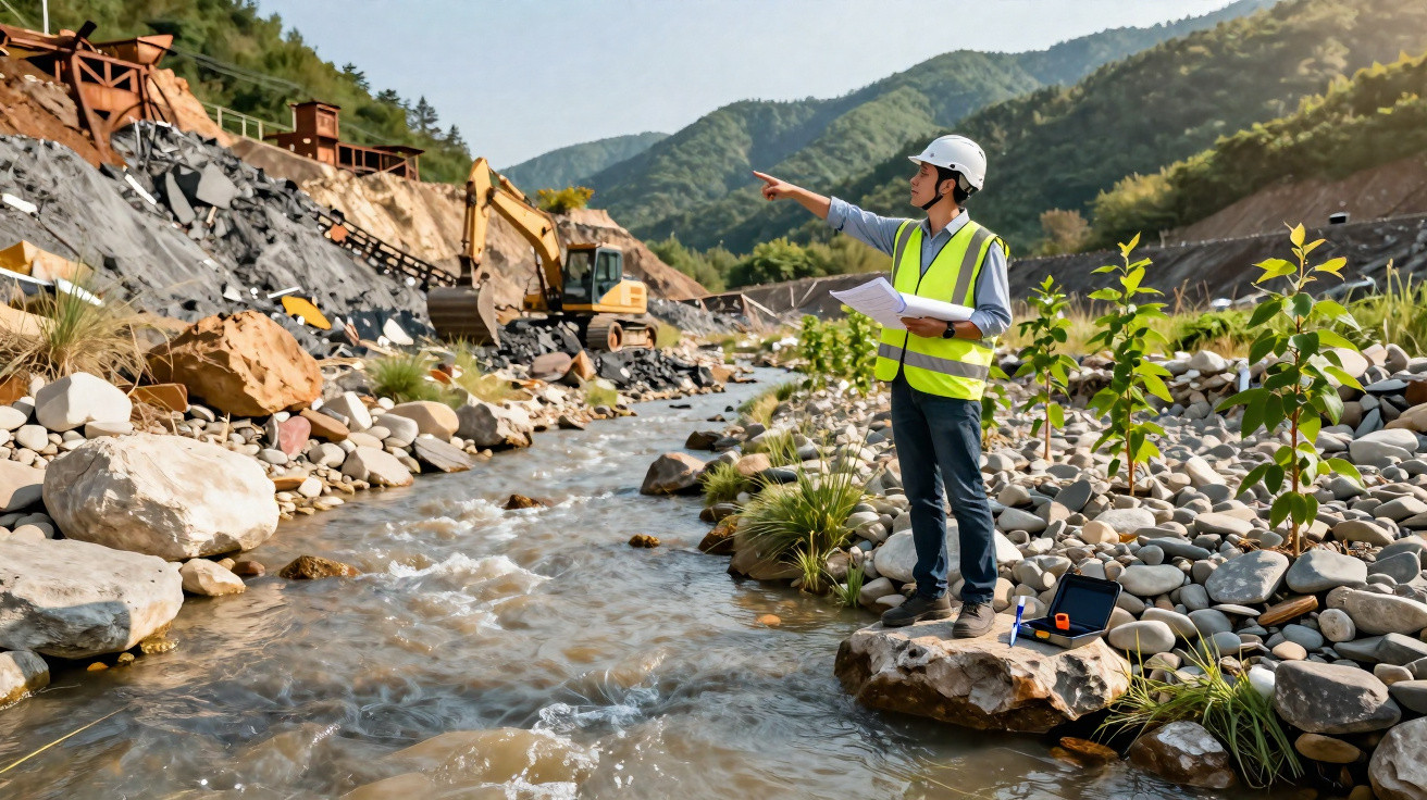 Engenheiro de segurança observa obra perto de rio com retroescavadeira em área montanhosa.