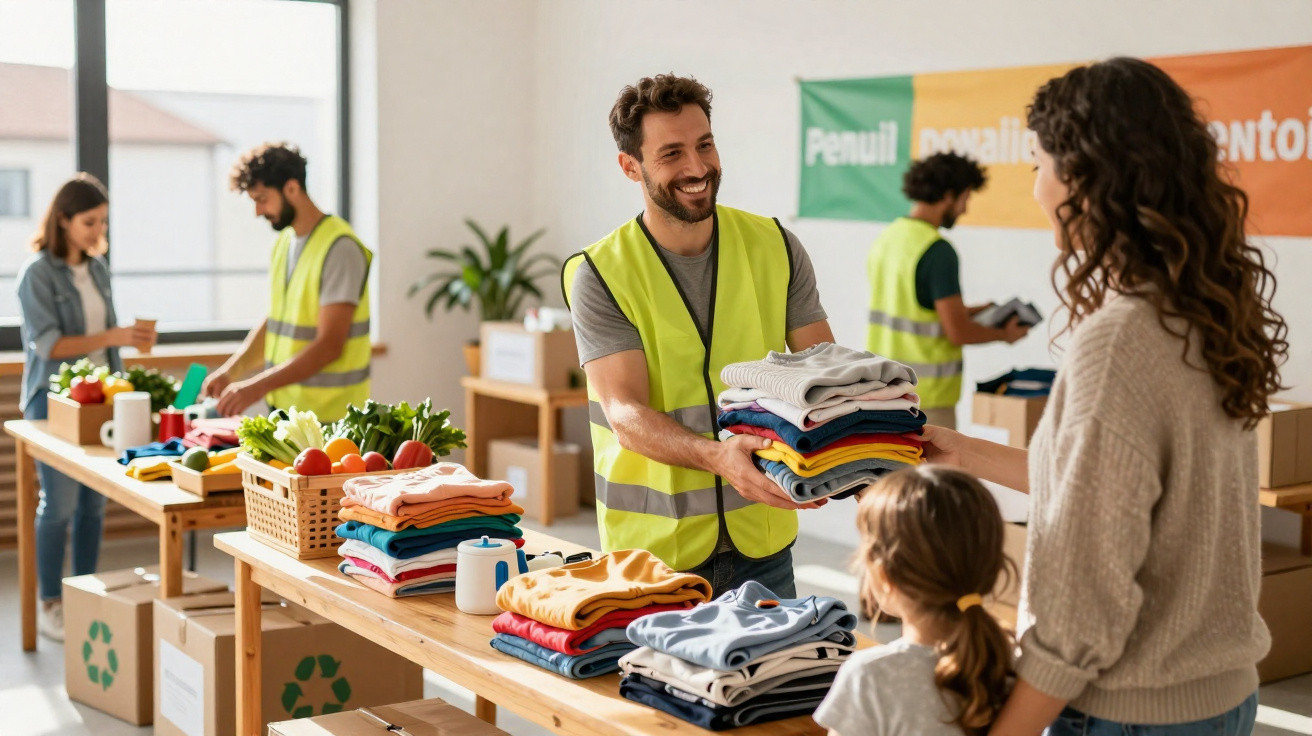 Voluntários organizam roupas e alimentos para doação em centro comunitário iluminado.