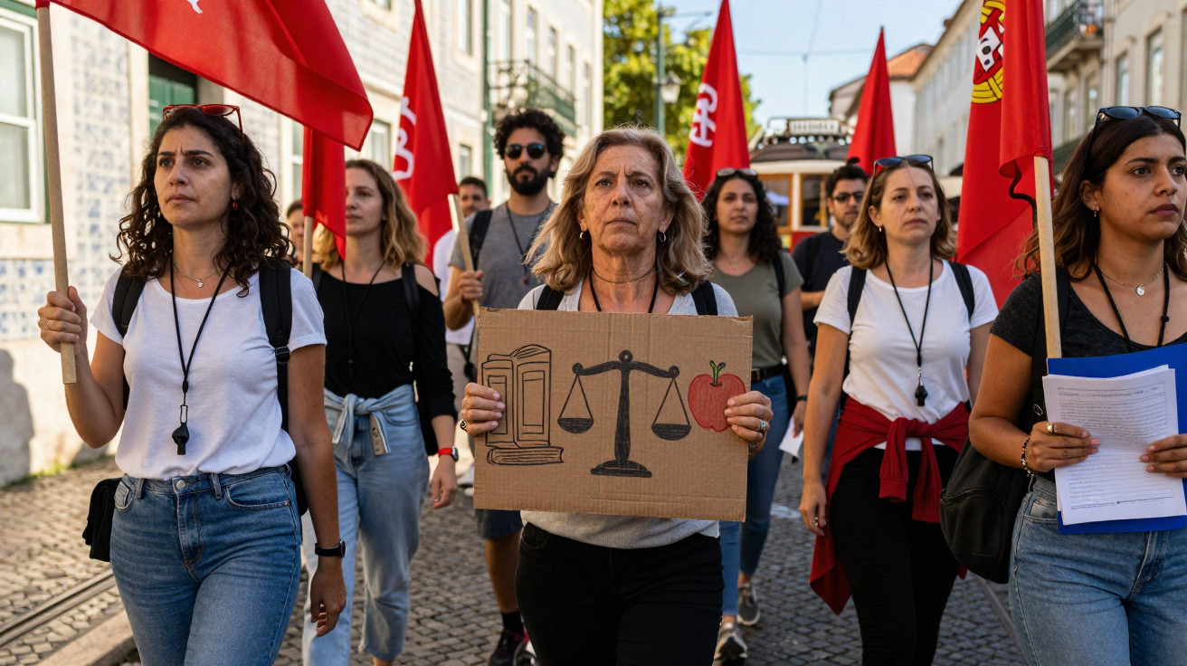 Grupo de pessoas em manifestação com bandeiras e cartaz com balança, livros e maçã na rua.