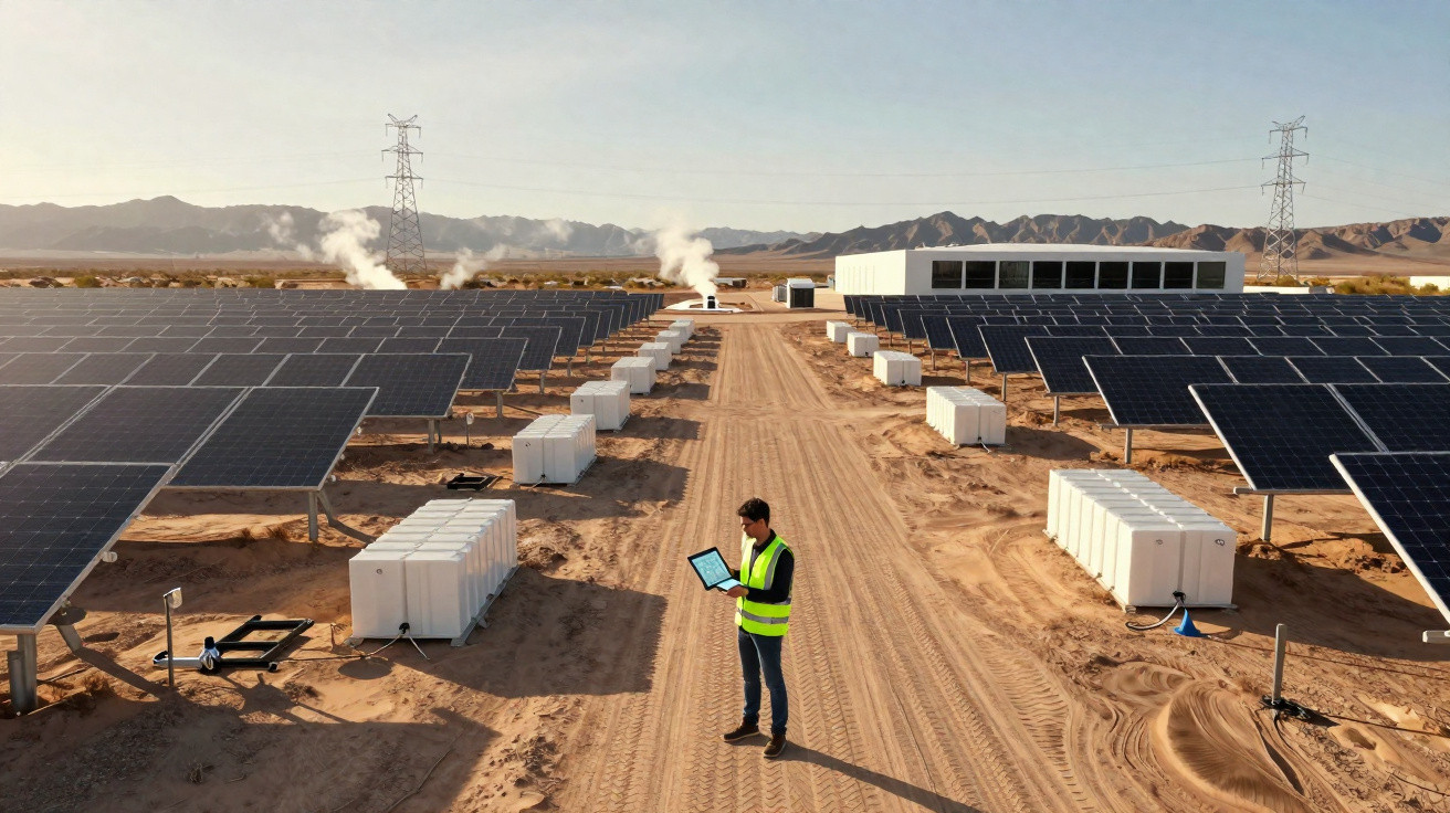 Técnico inspeciona painéis solares em grande campo solar no deserto ao amanhecer, com montanhas ao fundo.