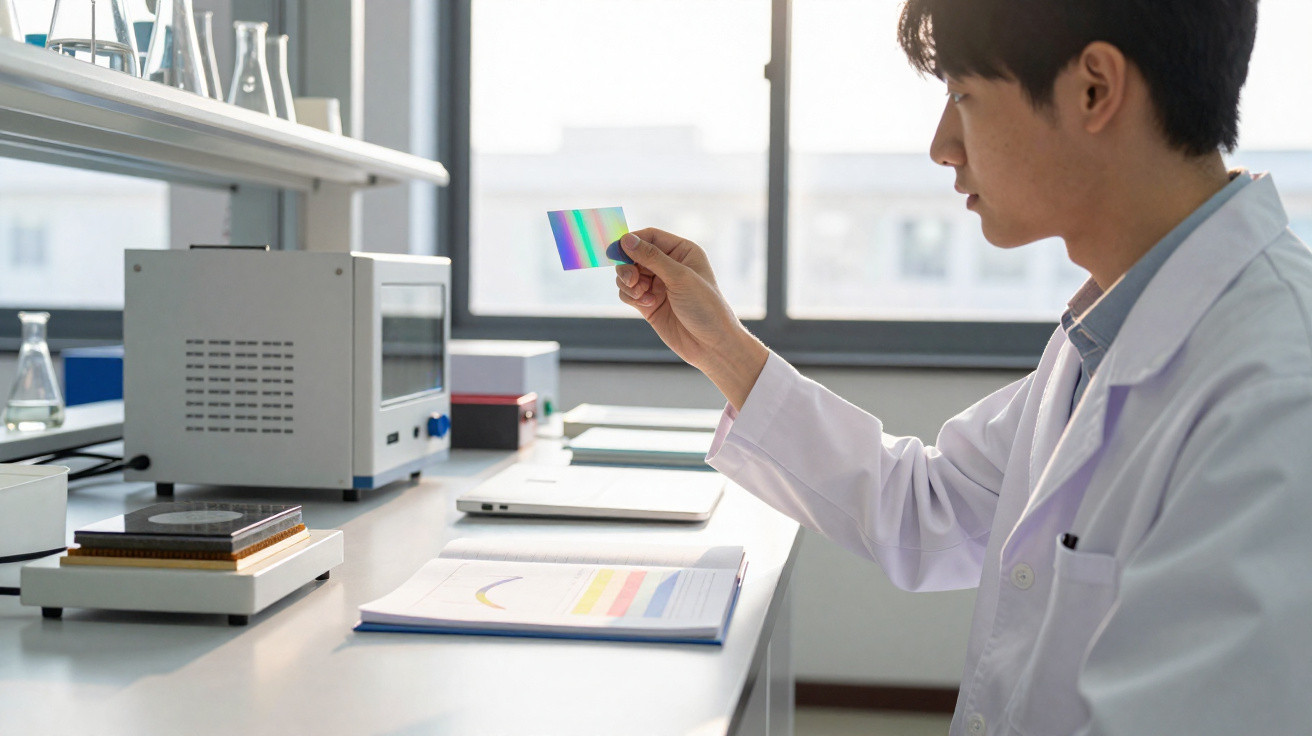 Jovem cientista examinando uma lâmina com padrão de cores em laboratório moderno e iluminado.