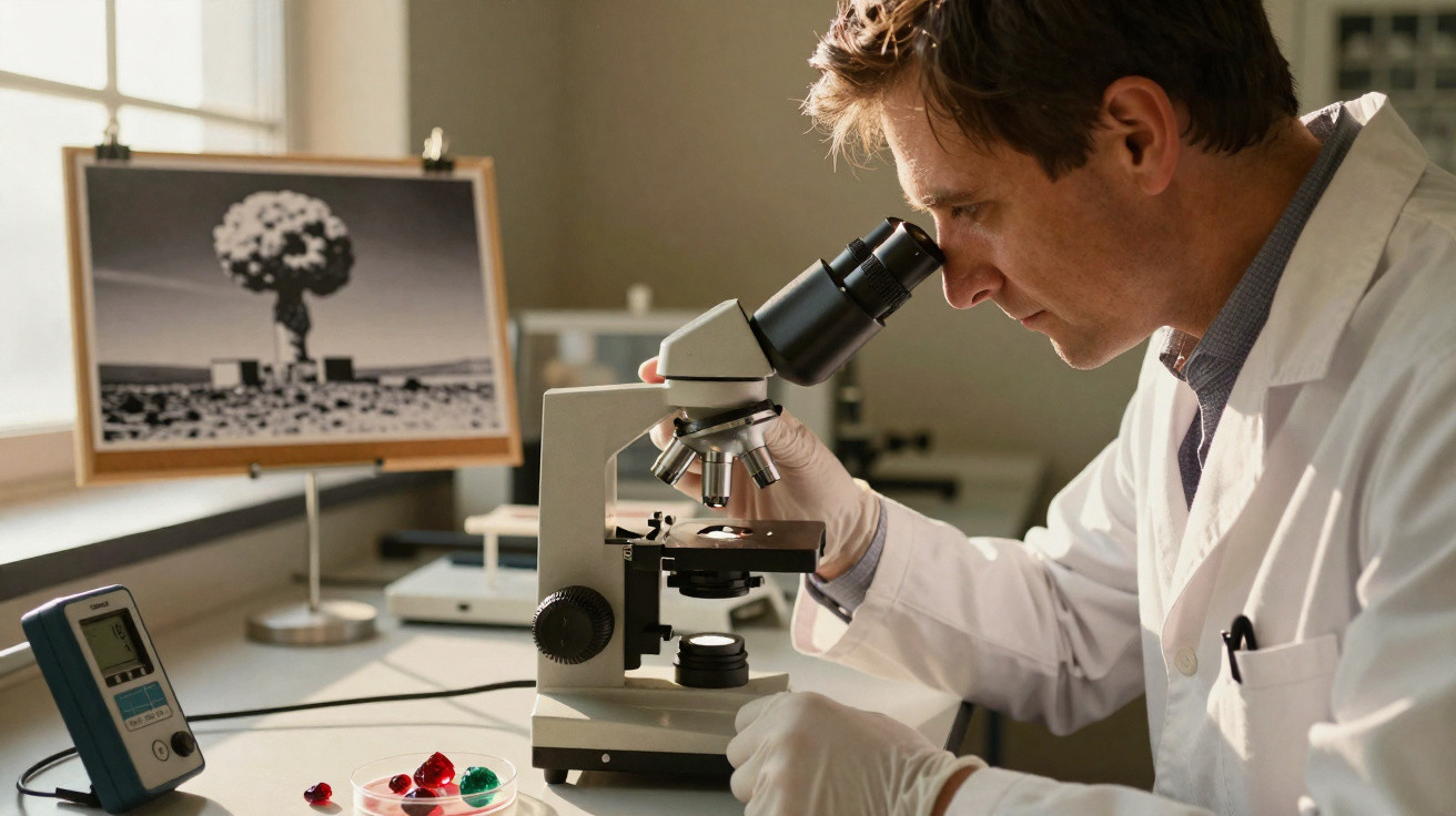 Homem com jaleco branco observa amostras coloridas em microscópio dentro de laboratório.