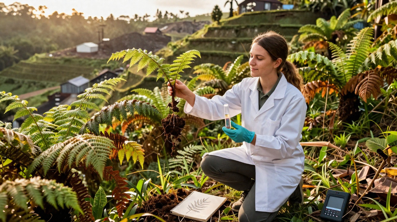 Mulher com jaleco e luvas examinando samambaia em ambiente natural com caderno e equipamento de pesquisa.
