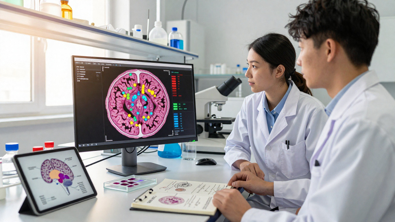 Dois pesquisadores analisando imagens digitais coloridas de um cérebro em laboratório.