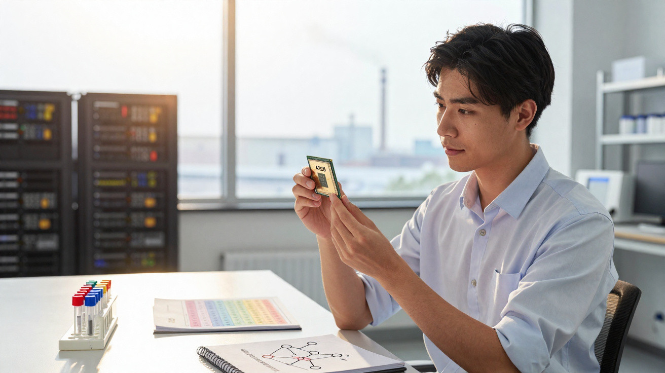 Jovem analisando um chip de computador em escritório com materiais de estudo na mesa.