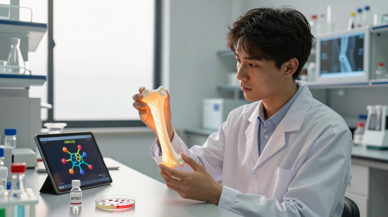 Cientista em laboratório analisando modelo ósseo iluminado com tela digital ao lado.