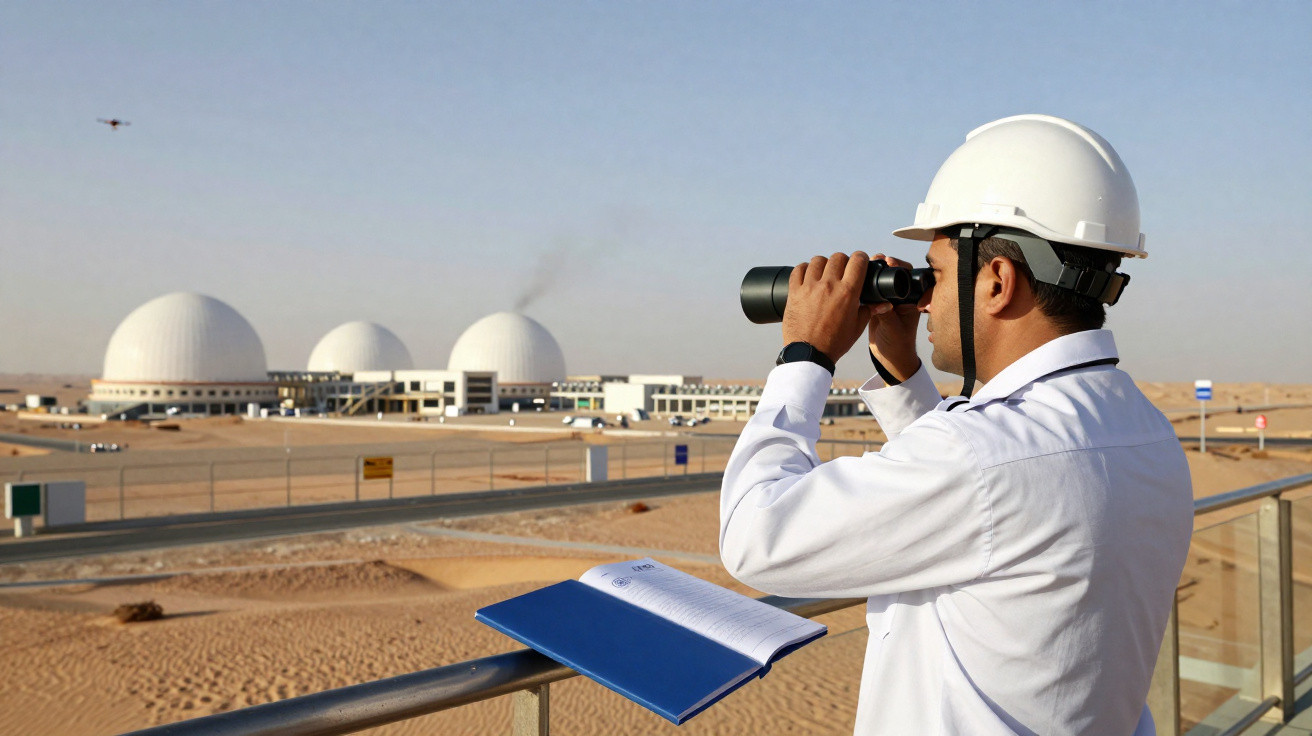 Homem com capacete branco observa usina nuclear no deserto usando binóculo e segurando pasta azul.