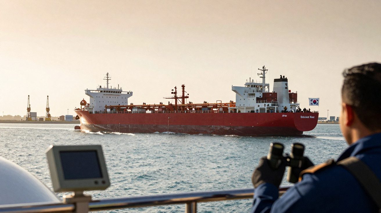 Marinheiro observa navio cargueiro vermelho com bandeira da Coreia do Sul em porto ao entardecer.