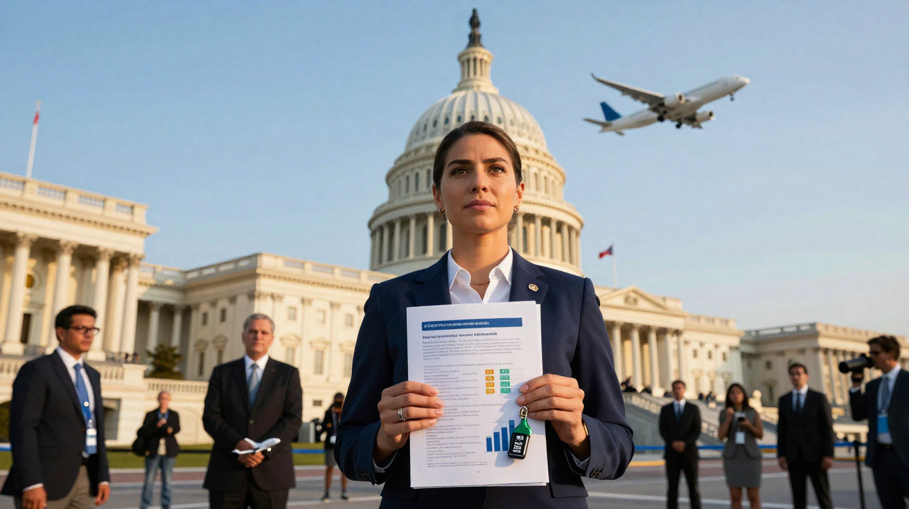 Mulher segurando documento com gráficos em frente ao Capitólio dos EUA, avião voa no céu ao fundo.
