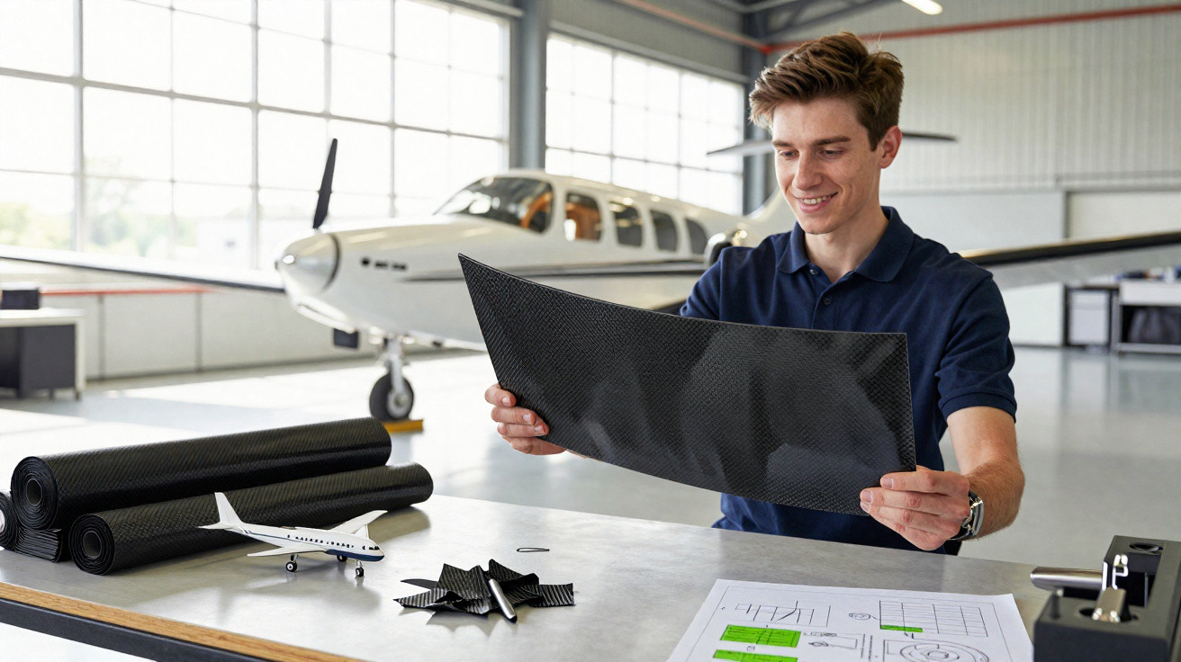 Homem em hangar examina material de fibra de carbono com avião pequeno e plantas técnicas na mesa.