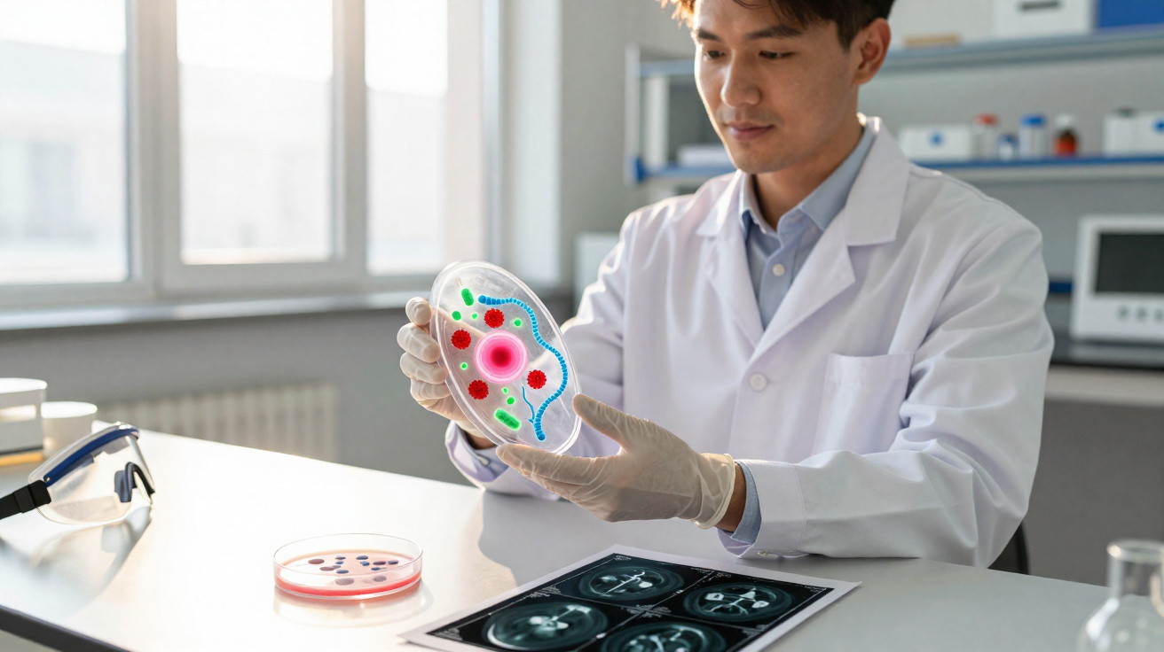 Cientista em laboratório observando placa de Petri com micro-organismos coloridos.