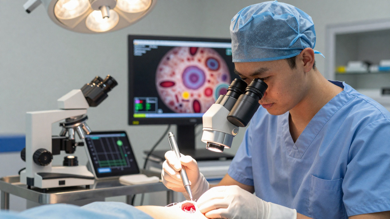 Médico realizando cirurgia ocular com auxílio de microscópio em ambiente hospitalar moderno.