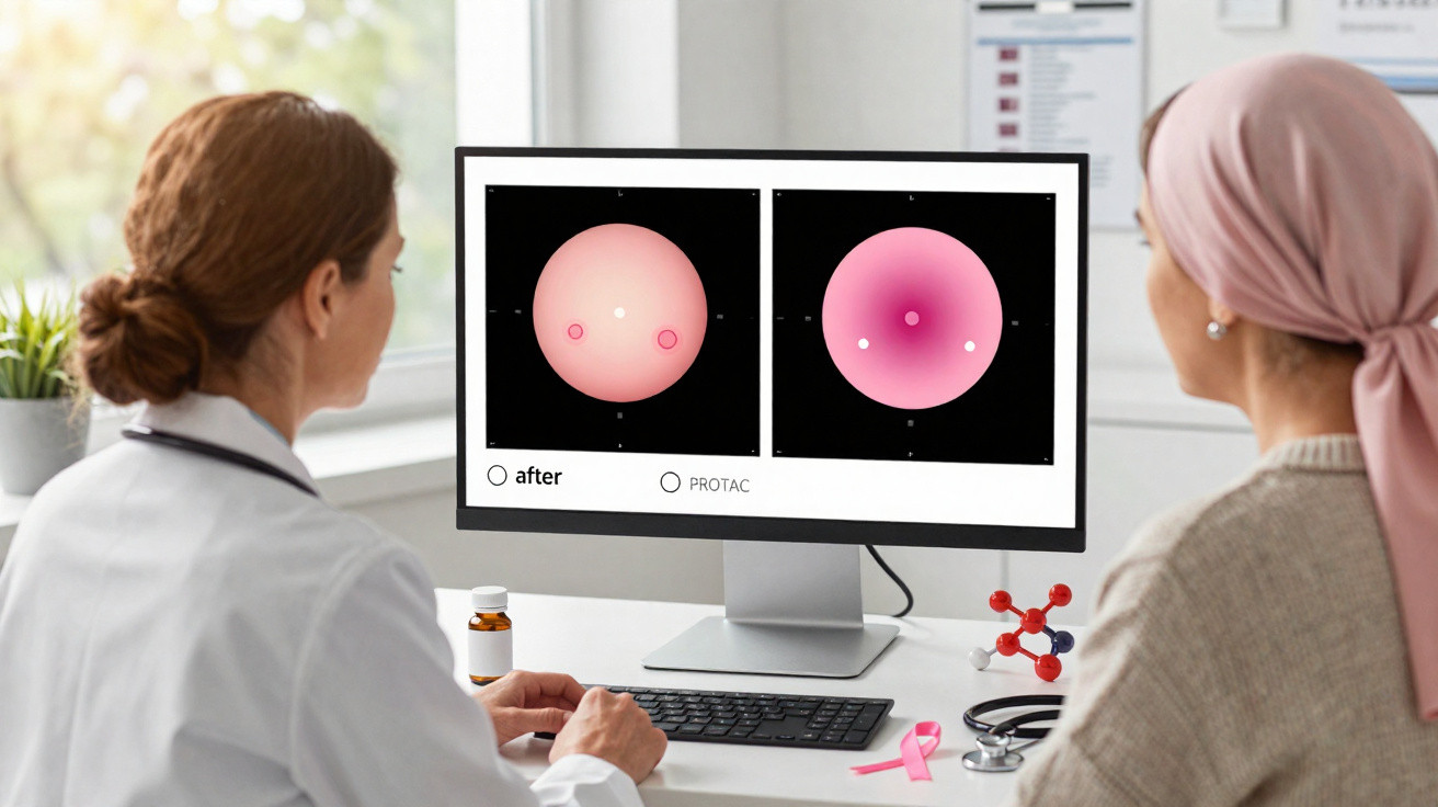 Paciente com lenço rosa consultando médica que analisa imagens de câncer de mama no computador.