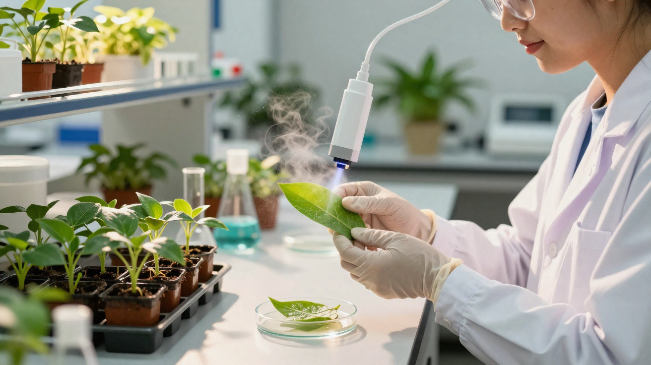 Pesquisa científica com plantas em laboratório, analisando folhas com equipamento tecnológico.