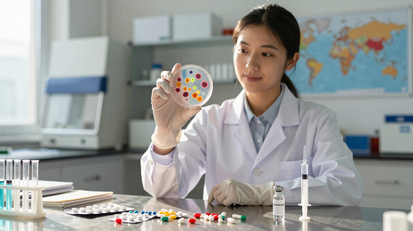 Mulher cientista examinando placas de petri com amostras coloridas em laboratório moderno.