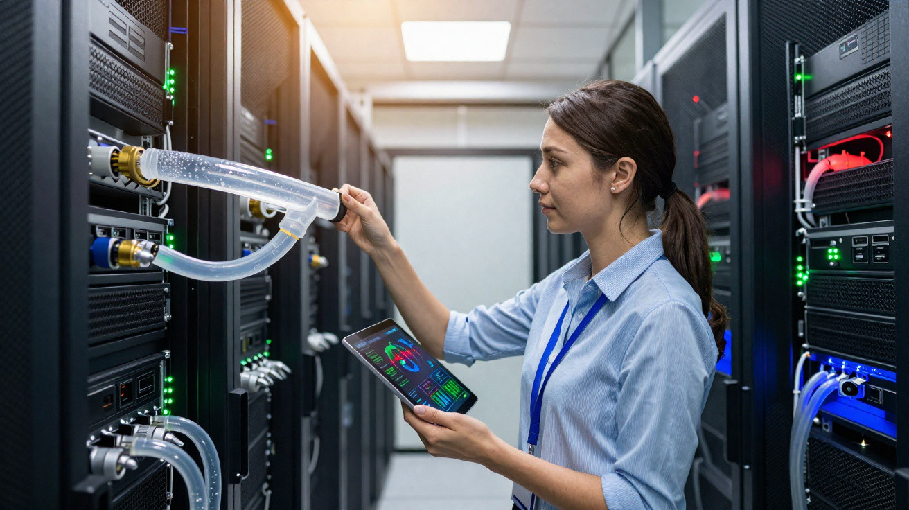 Mulher segura tablet e inspeciona sistema de resfriamento em servidores de data center.