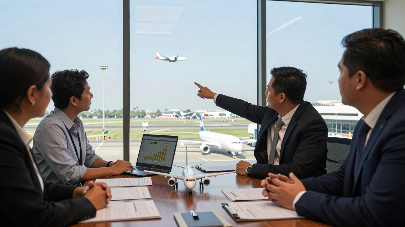 Profissionais em reunião no aeroporto com maquete de avião e gráficos no laptop, avião decolando ao fundo.
