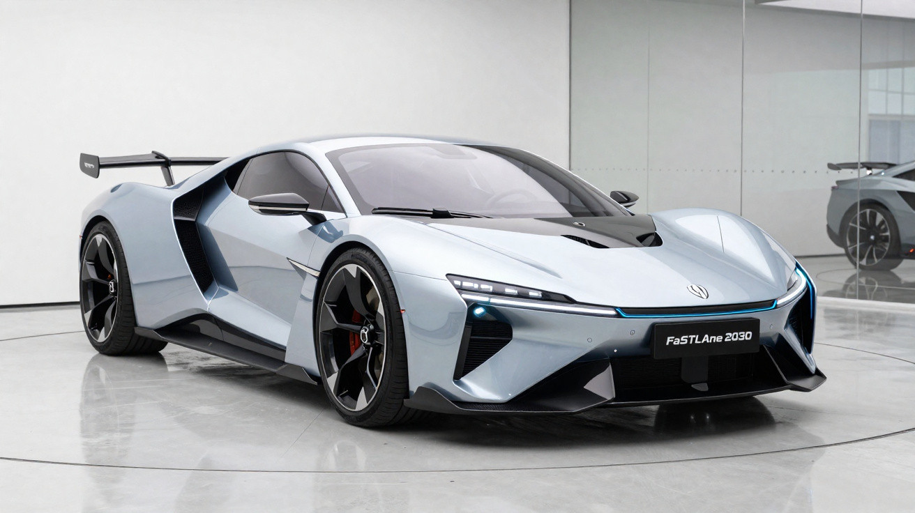 Carro esportivo elétrico cinza FaSTLane 2030 exibido em showroom moderno e minimalista.