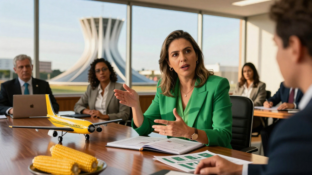 Mulher em blazer verde discute em reunião com miniatura de avião e espigas de milho na mesa.