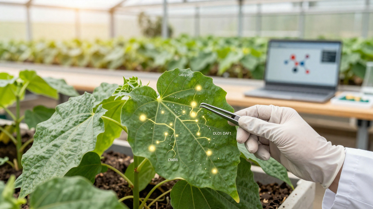 Mão com luva manipulando folha com pinça, destacando conexões digitais em laboratório de plantas.