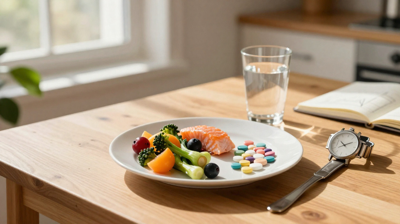 Prato com salmão, legumes e comprimidos, ao lado de um copo d'água, relógio e caderno sobre mesa de madeira.