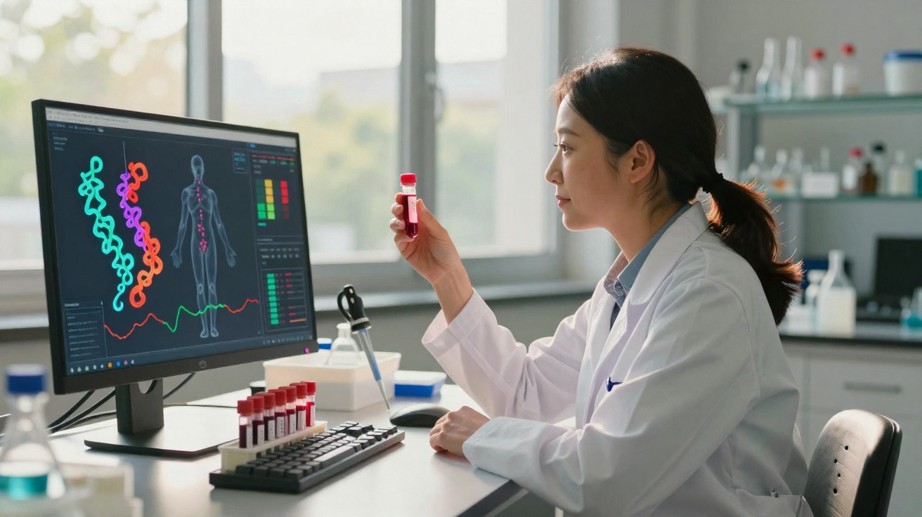 Pesquisadora em laboratório analisa amostra de sangue sentada em frente a computador com dados biomédicos.