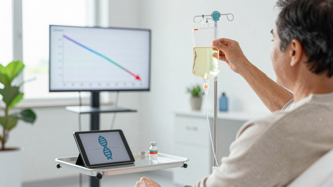 Paciente masculina segurando bolsa de soro em clínica, com tablet mostrando DNA e gráfico em tela ao fundo.
