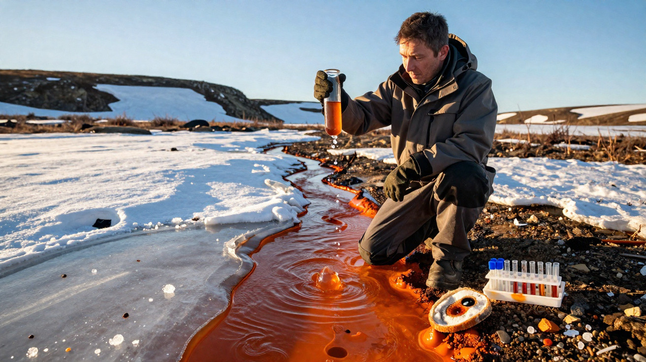 Homem coleta amostra de água avermelhada em riacho próximo à neve em paisagem fria e montanhosa.