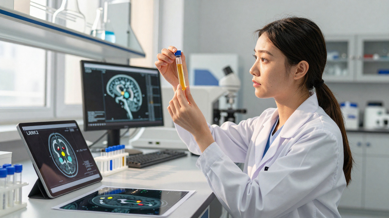 Mulher cientista em laboratório segurando tubo de ensaio com líquido amarelo, análises cerebrais em telas ao fundo.
