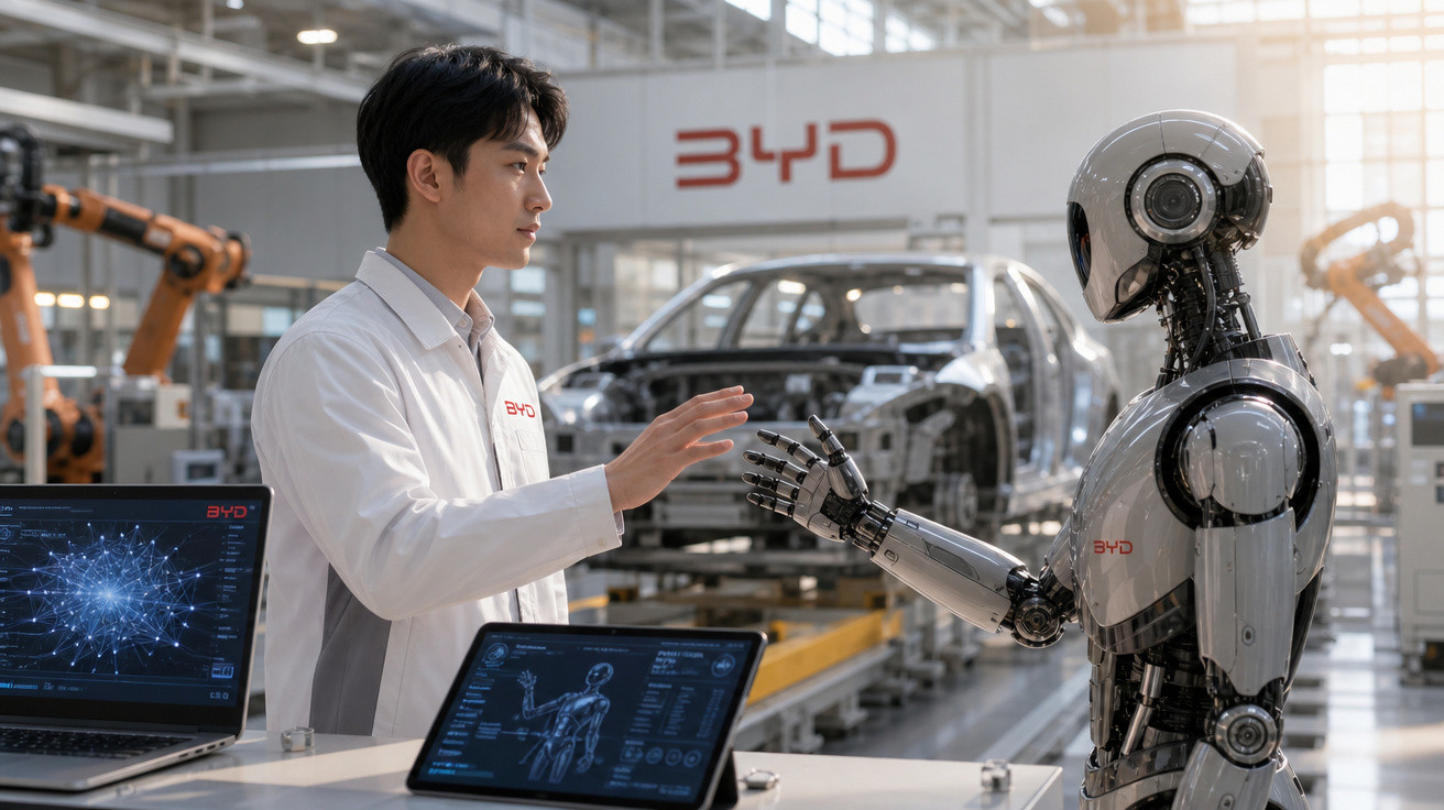 Engenheiro em laboratório industrial interage com robô humanoide próximo a carro em montagem.