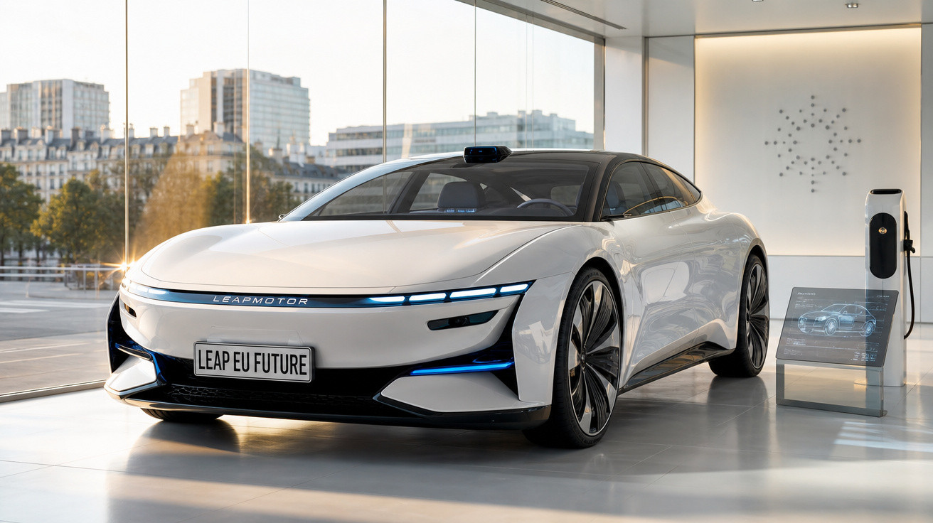 Carro elétrico branco futurista Leapmotor estacionado em showroom moderno com painel informativo ao lado.