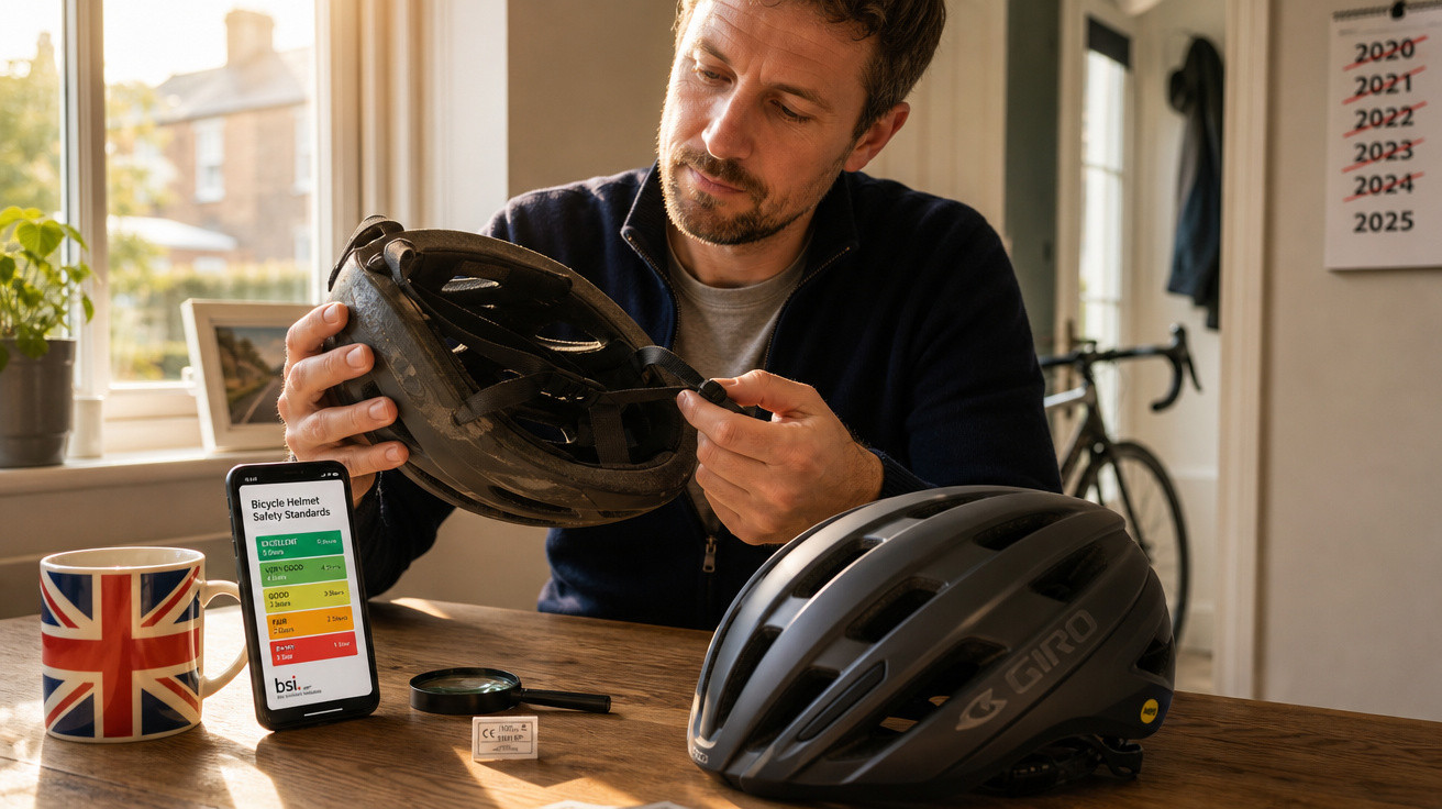 Homem avaliando capacete de bicicleta usado, com capacete novo à frente e gráfico de segurança no celular.