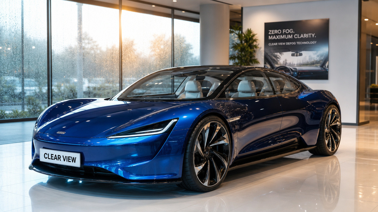 Carro esportivo elétrico azul brilhante exibido em showroom com janela grande ao fundo.