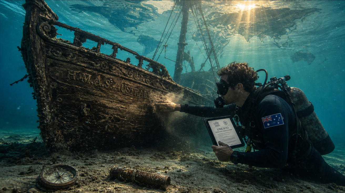 Mergulhador com uniforme australiano inspeciona navio naufragado segurando placa da UNESCO em águas rasas.
