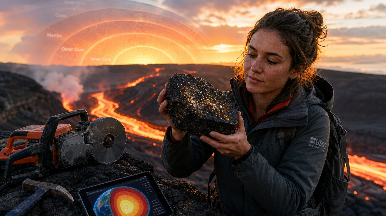 Mulher cientista analisa rocha vulcânica perto de lava fluindo ao pôr do sol.