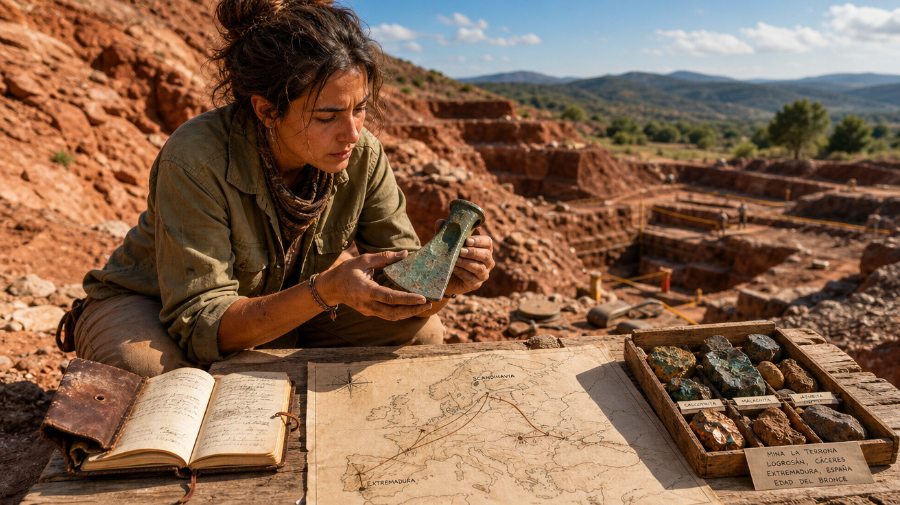 Mulher arqueóloga analisa peça antiga em escavação, com mapa, livro e amostras de minerais sobre mesa.