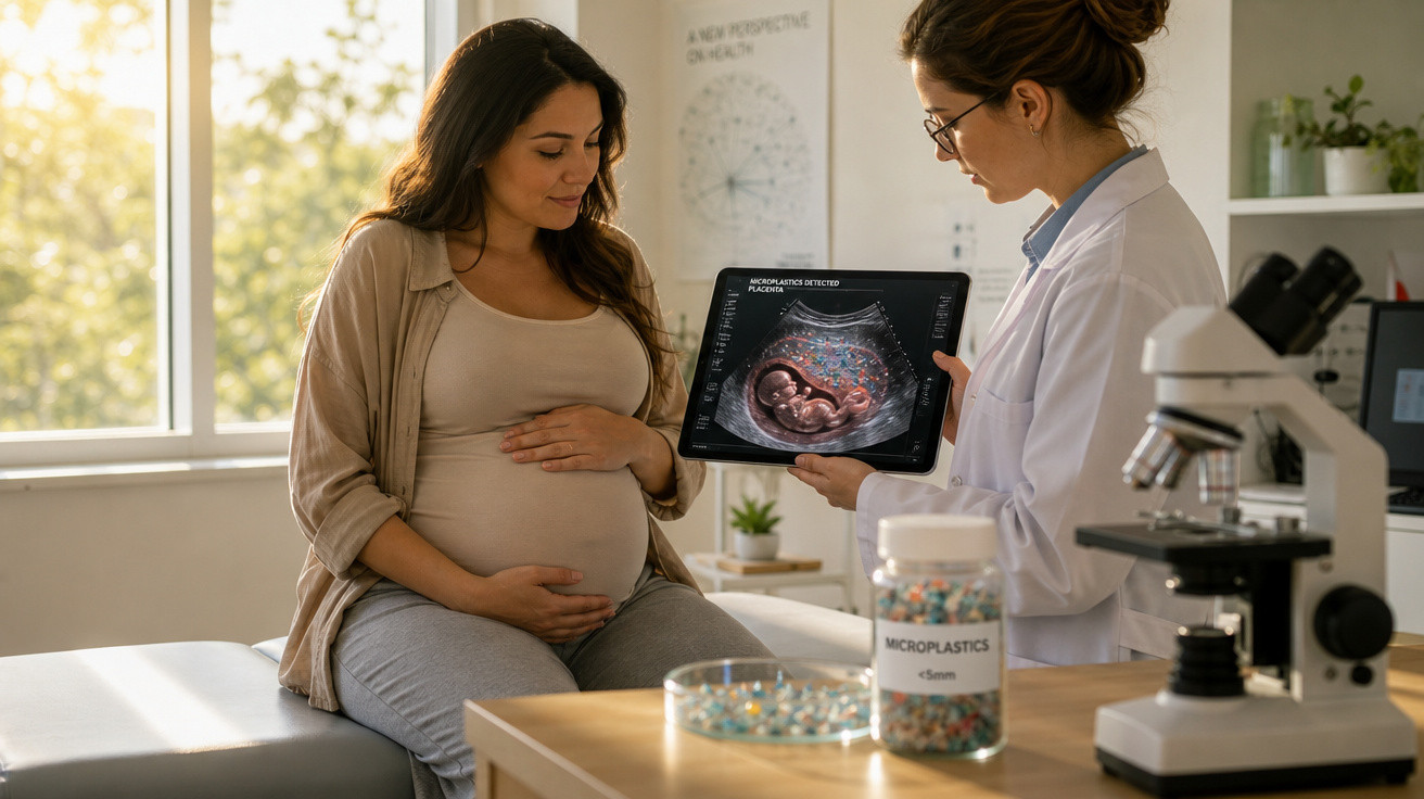 Mulher grávida ouvindo médica que mostra ultrassom fetal em tablet, em consultório com equipamento científico.