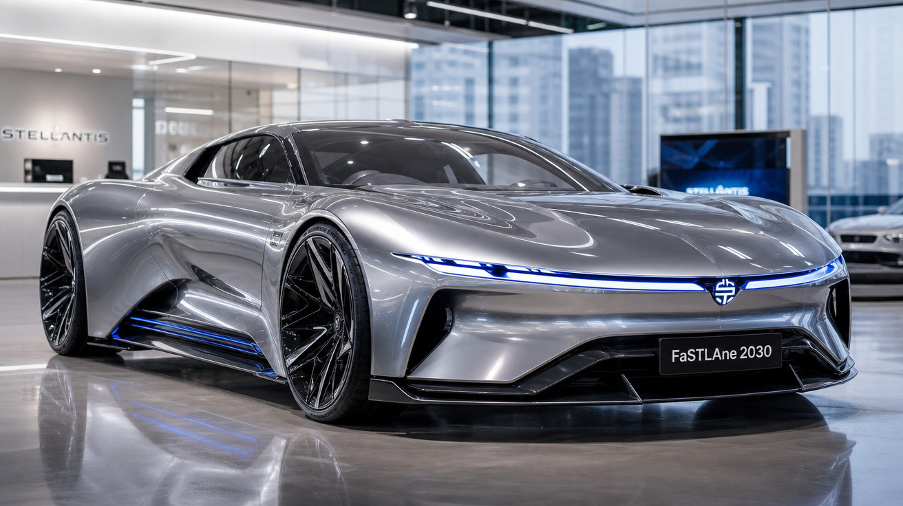 Carro esportivo futurista prata, FaSTLAne 2030, em exposição em showroom moderno e iluminado.