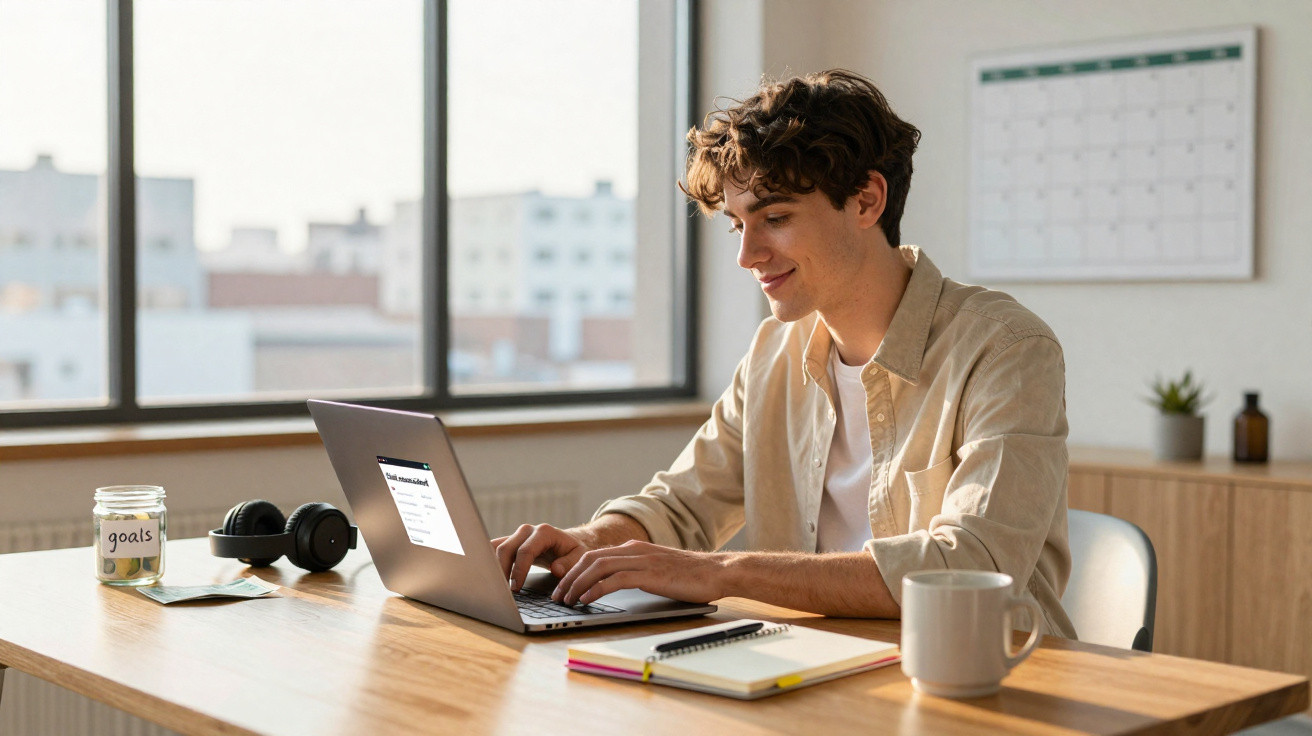 Jovem trabalhando em laptop em mesa com caderno, copo de café, fones e pote com moedas e etiqueta "goals".