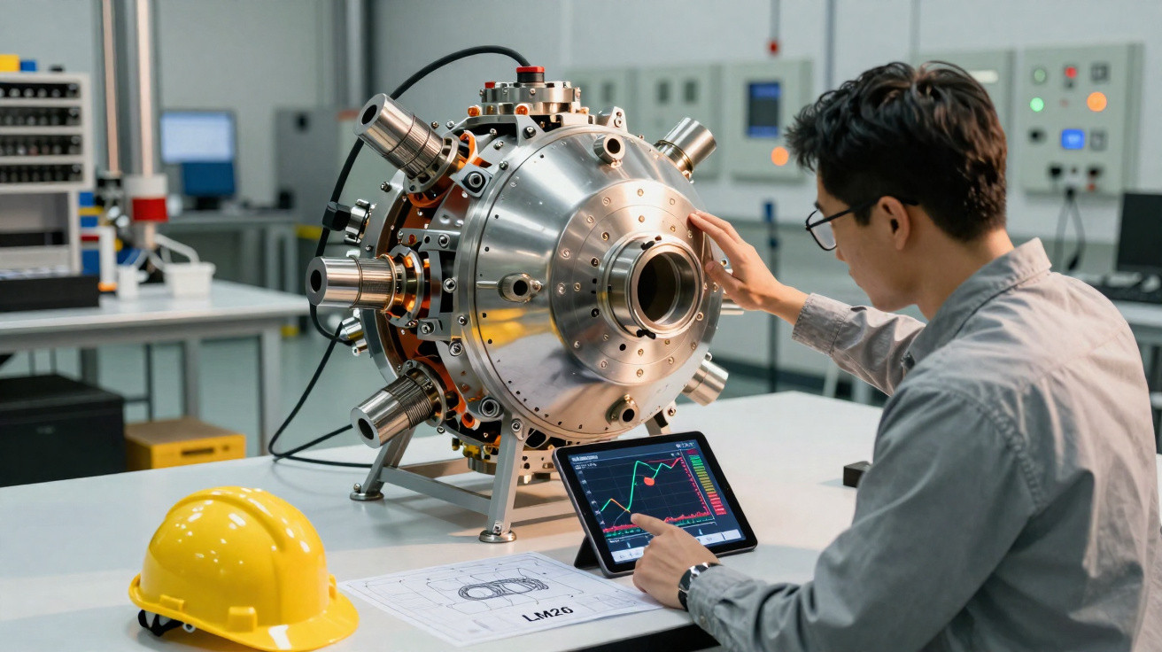 Homem analisando equipamento tecnológico esférico em laboratório com capacete amarelo e tabela técnica na mesa.