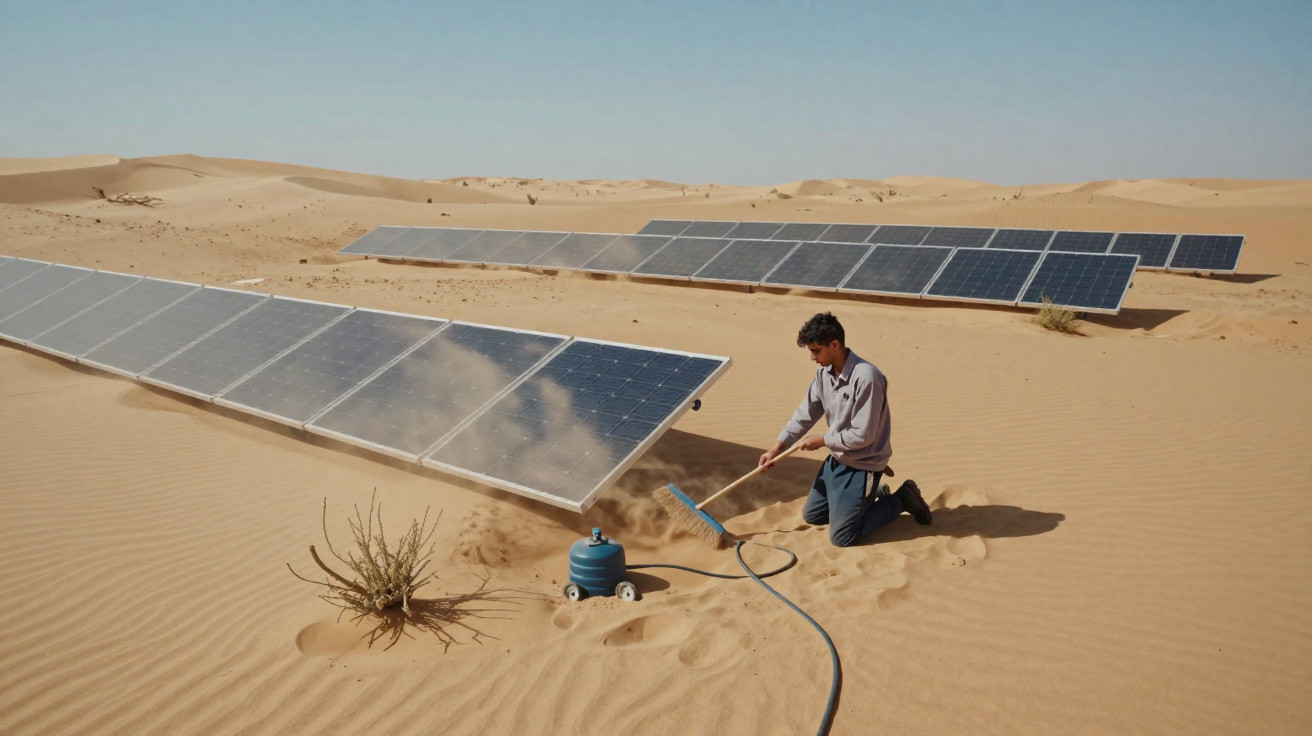 Homem limpa painéis solares no deserto com vassoura e compressor de ar sob céu azul.