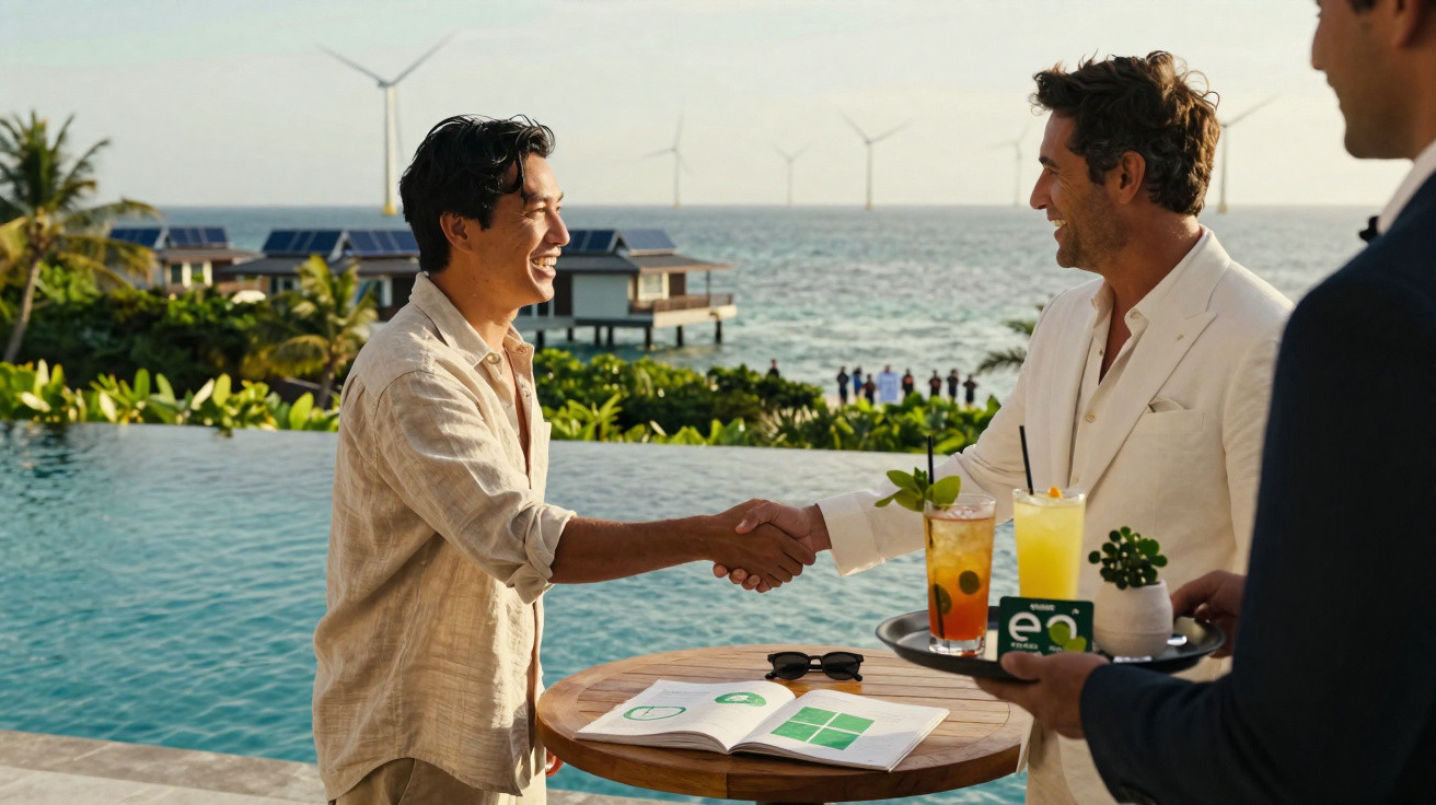 Dois homens apertam as mãos ao lado de piscina com bebidas, em ambiente externo com vista para o mar e turbinas eólicas.