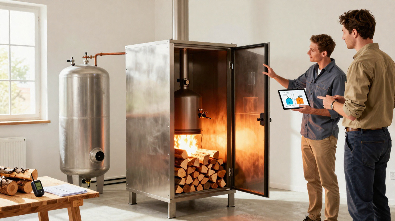 Dois homens analisam sistema de aquecimento com fogão a lenha e display digital em ambiente interno.