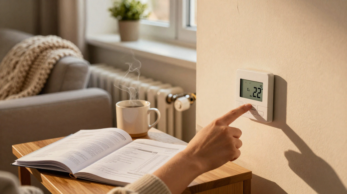 Pessoa ajustando termostato digital em ambiente aconchegante com livro aberto e xícara de chá quente.