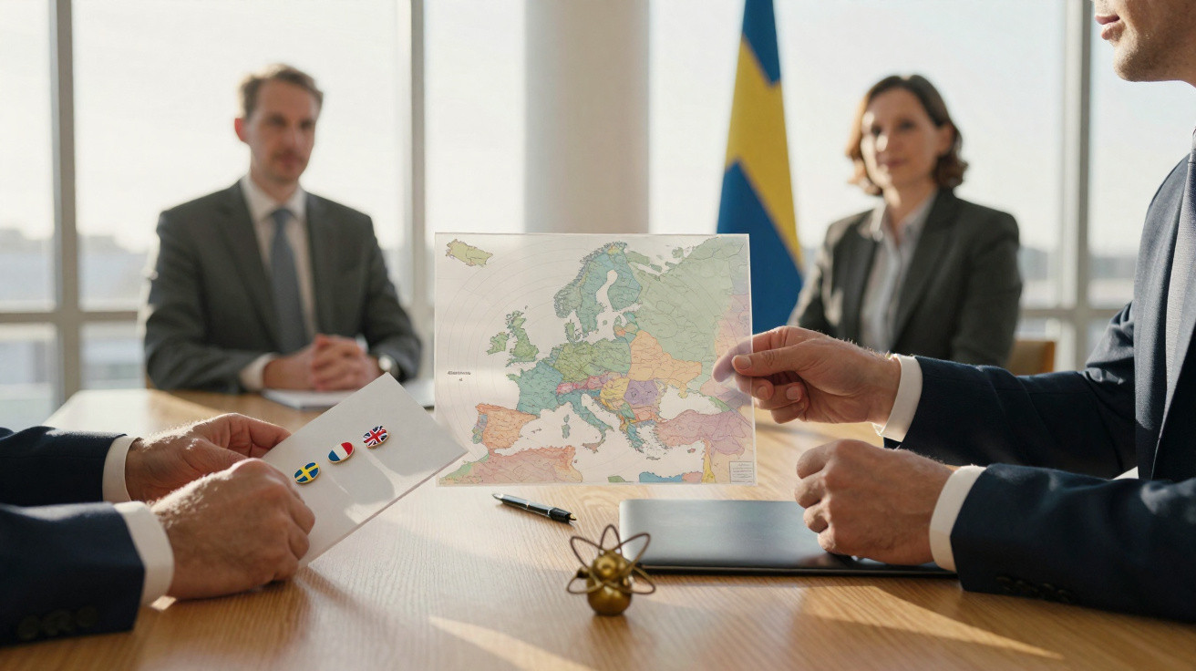 Reunião de negócios com três pessoas, mapa da Europa e bandeiras da Suécia, França, Itália e Reino Unido na mesa.